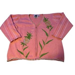 Storybook Knits Pink Pineapple Sequin Embroidered Zipper Cardigan Sweater 1X